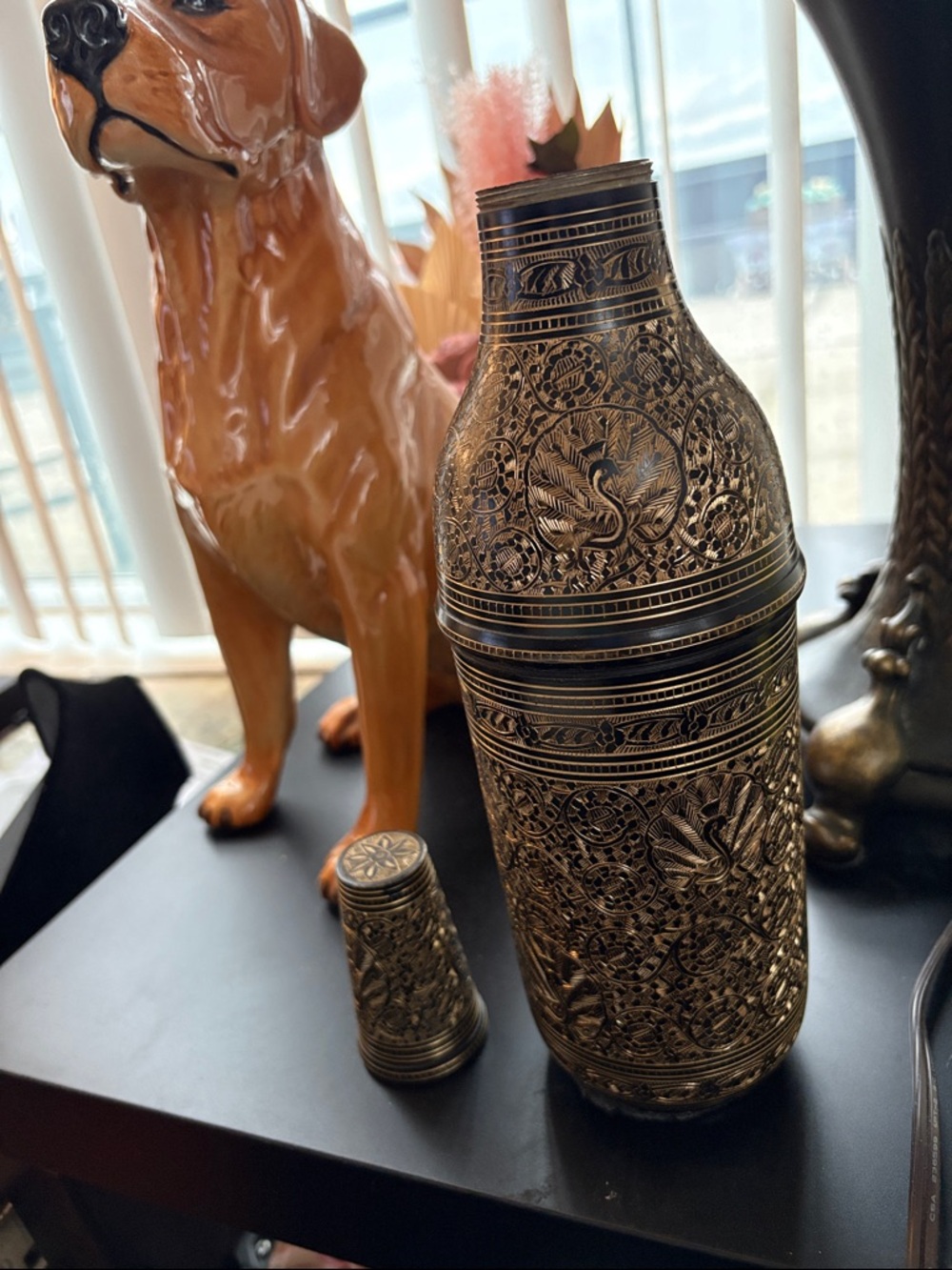 Vintage Ornate Hand Crafted Brass Etched Peacock And Floral Water Or Wine Bottle - Picture 5 of 10